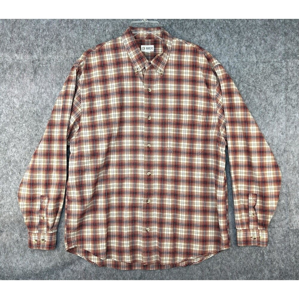 BKE 67 Buckle Button Up Shirt Size L Red Plaid Long Sleeve Outdoor Cabin Gorp
